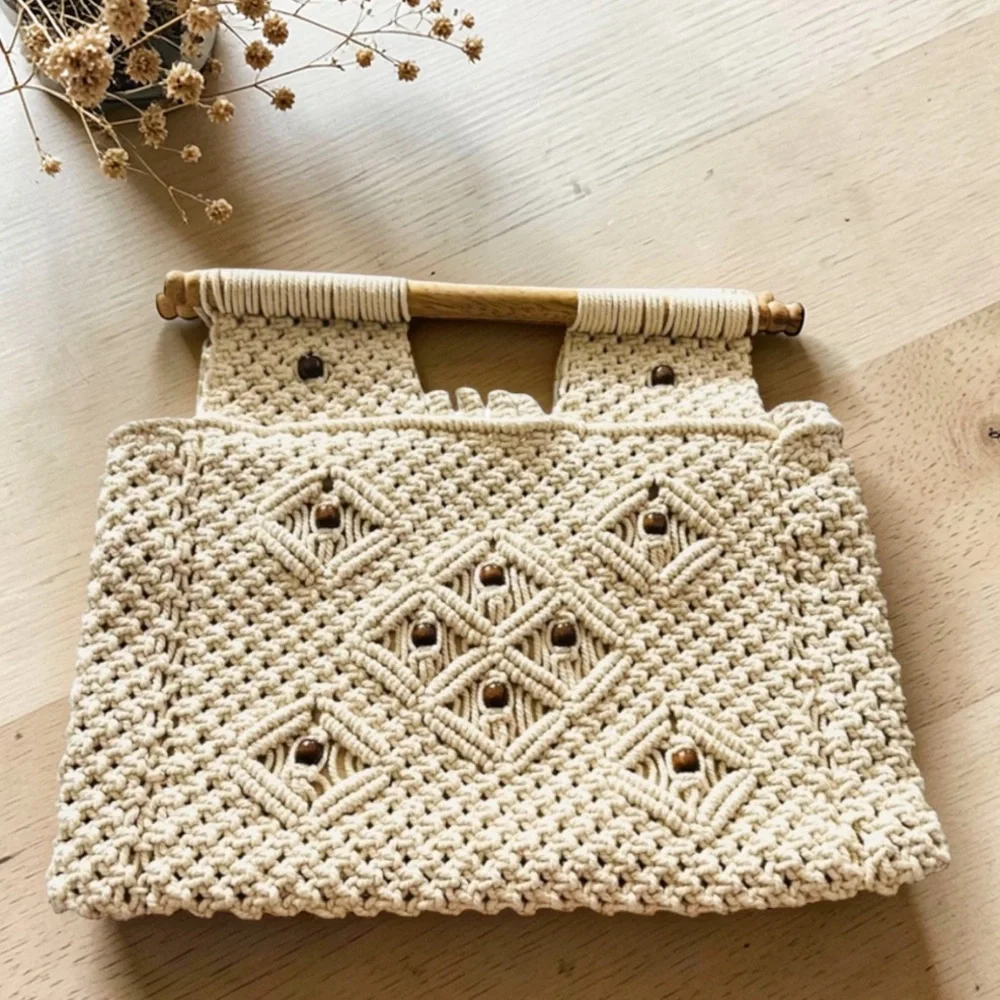 VIRGINIA WOLF Macrame Bag Sadie Wood Handles BOHO Ivory Large Hand Bag 1857-4